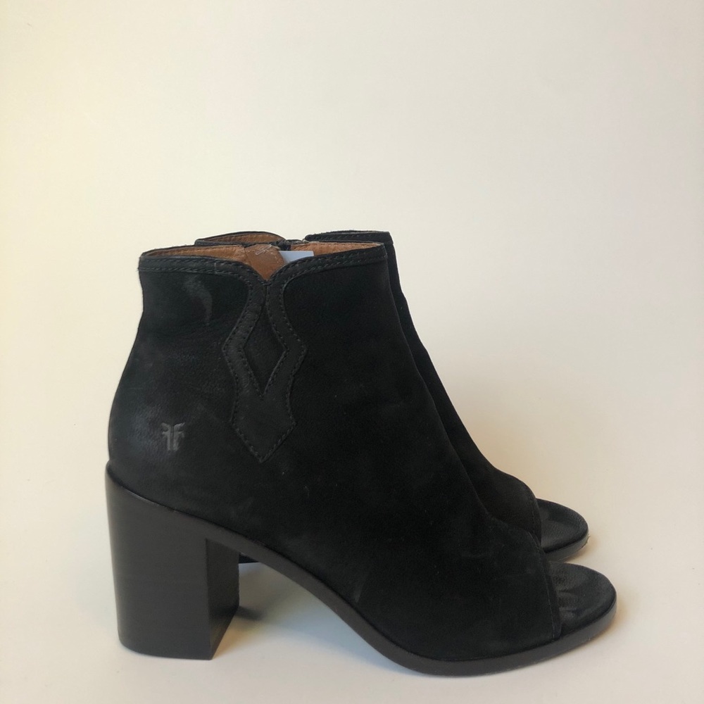 Frye Danica Black Suede Peep-Toe Bootie
